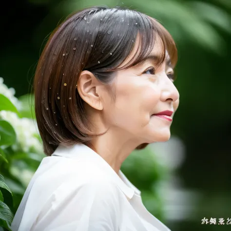 Upper Body　profile　Personal　woman　45 years old　Has bangs　Messy short hair　Brown Hair　Straight-haired hair　Straight hair　Brown Hair　beautiful hair shiny hair　Short hair swaying in the wind　Japan rainy season　short hair　Water droplets on the hair　Heavy Rain　...