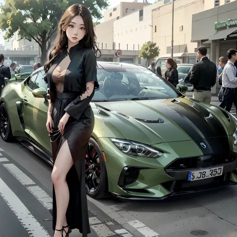 A green sports car on the road, next to which sat a beautiful woman in a black dress and black silk, realistic style