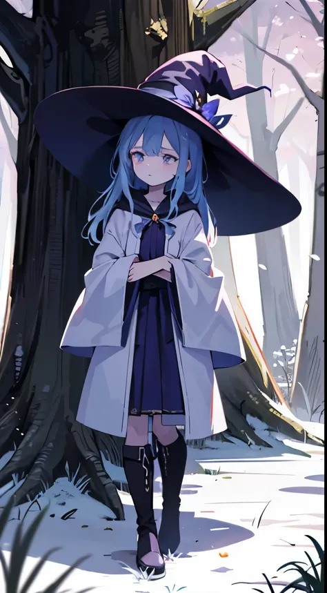 (best quality), (masterpiece), (detailed), 8K, Adorable animated style illustration of a (lost young witch1.2) leaning against a (tree1.2) with a (worried expression1.1). She is dressed in an (iconic witch costume1.2) complete with (pointed hat1.1), (flowi...