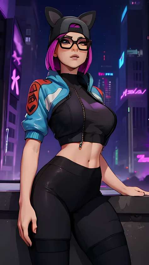 lince Cyberpunk , gorra , shorts negro con leggins Azul Marino, chaqueta azul marino ,Extremadamente detallado, rostro detallado, gafas ,hermoso rostro, ojos finos, mirando al espectador, pose femenino, Noche 