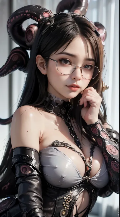 Realistic, Surreal, Cinema Lighting, 32k, 1. Gothic Lolita Girl,Accurate Gothic Lolita Costume、 (There are many tentacles around)、(((Cheeky Tentacles)))、 Backlight, (Bright light:1.2), (Improvement of quality:1.4), (Highest quality Realistic textured skins...