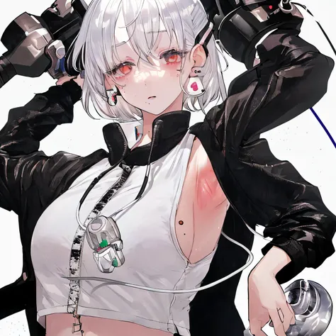 girl, White hair, short hair, mole on cheek,  earphone, charm,Detailed background ，Armpits