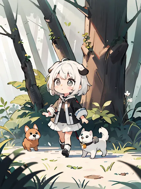 ((Black and white picture)) ((girl walks with a dog in the forest)) Kawaii Design, The Most Beautiful Girl in the World, chibi, White hair, a lot of details
