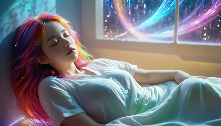 {{masterpiece}}, best quality, Extremely detailed CG unified 8k wallpaper, Movie Lighting,Minimalism, A woman sleeping in bed，Sleep with eyes closed，Huge window behind， A quiet night. , Multi-colored hair, (Colorful hair:1.5),