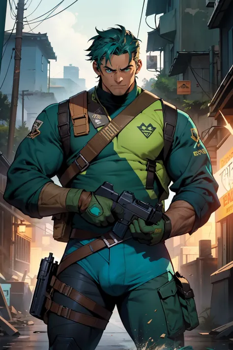 The comic character, with a strong and determined facial expression, clutches a gun in hand. His outfit is designed in the style of light teal and light bronze, reminiscent of the gritty cargopunk genre. The graphics exhibit explosive pigmentation, evoking...