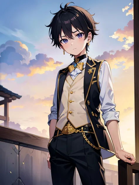 Highres, Masterpiece, Best quality at best,Best Quality,hight quality, hight detailed, Anime style, 1boy, Boy, Solo, (little boys), view from front, Idol, Prince uniform, Vest, gold earring, Choker, Trousers, Belt, (very young boy), (very small and short b...