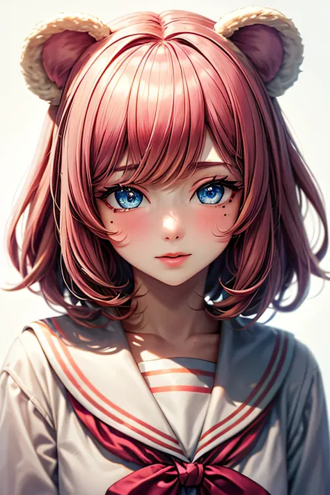 ski style, One girl, alone, Pink Hair, Animal ears, blue eyes, wing, View your viewers, Mole, bangs, short hair, bow, Sailor collar, Simple Background, white Sailor collar, Mole under mouth, hair bow, pink bow, Mouth closed, shirt, white shirt, Bear ears, ...