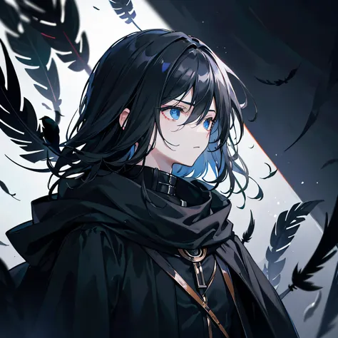 a young man, galactic eyes, (Composition of one person only:1.5), Wearing a mask, Black background, expressionless, black hair, wear a black cloak, looking to the side, side view, sorrow, sad, upper body, Black feathers are flying