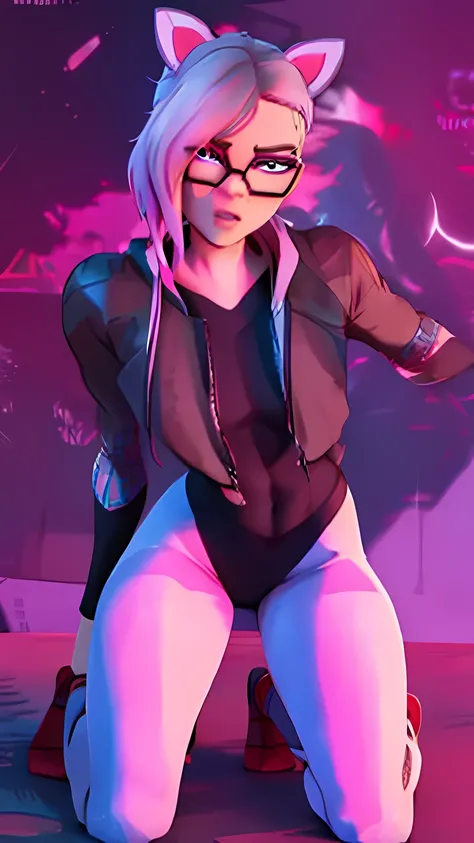 lince, gafas, chaqueta , traje de spider Gwen ,Extremadamente detallado, rostro detallado, gafas ,hermoso rostro, ojos finos, mirando al espectador, pose femenino, Noche 