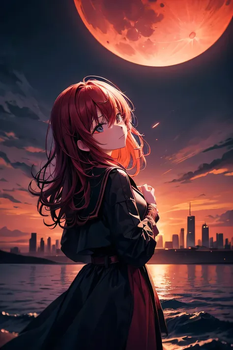 Dark night over the city, red moon, red moon with energy flow, energy tides, bad premonitions, scenery, do not want humans, there is energy flow, highly real, 4K, chiaroscuro, super high detail waiting to start