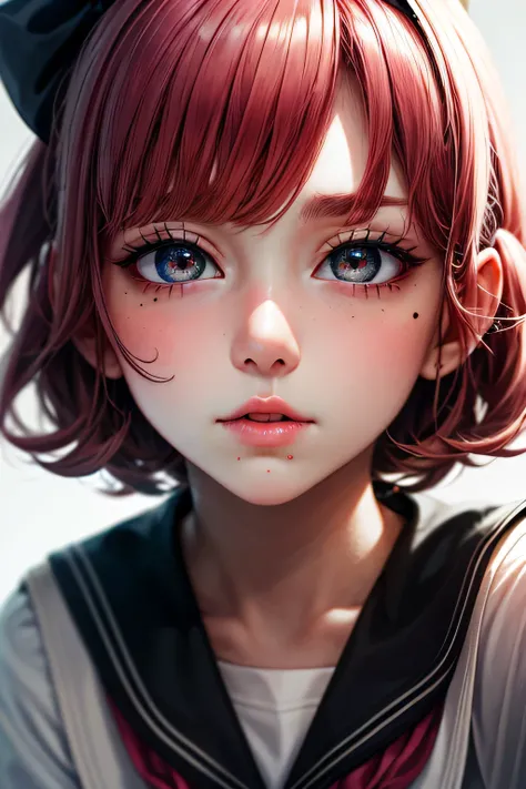  (((School Background)))､ski style, One girl, alone, Pink Hair, black eye, wing, View your viewers, Mole, bangs, short hair, bow, Sailor collar, Simple School Background, white Sailor collar, Mole under mouth, hair bow, pink bow, Mouth closed, shirt, white...