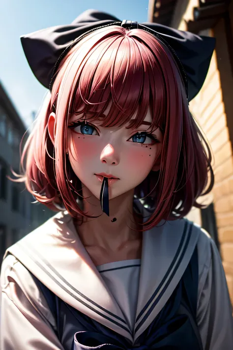 ski style, One girl, alone, Pink Hair, black eye, wing, View your viewers, Mole, bangs, short hair, bow, Sailor collar, Simple school background, white Sailor collar, Mole under mouth, hair bow, pink bow, Mouth closed, shirt, white shirt, Bobcut, Portraitu...