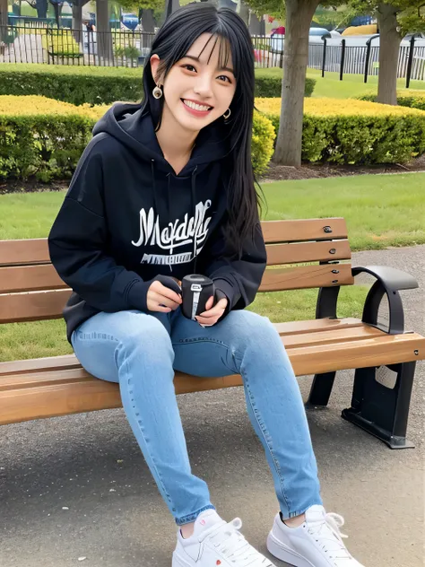 highest quality)), ((masterpiece)), (Get used to it), Perfect Face、((highest quality)), A neat and beautiful woman sitting on a park bench、Ear piercing、hoodie、Skinny jeans、sneakers、Black Hair、Smiling with teeth showing、Full body photo、Ear piercing informat...