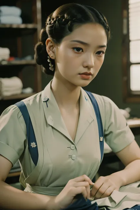 Kioto, 1944. A young ((((24-year-old)) Sayuri)), strikingly beautiful, delicate facial features, porcelain skin, expressive eyes, sewing clothes fabric, ((sad expression)), ((((worker clothings from the 1940s)))), ((hairstyle of the 1940s)), colorful