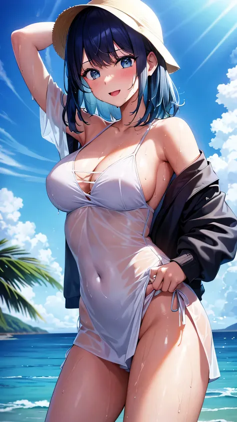 masterpiece, Photo of akane kurokawa, Aqua Eye, Blue Hair, ((Medium Hair)), Side Lock, big breasts、Wearing white underwear on a sunny beach, (Wet skin and hair:1.5), (White skin), (sweating) ,(Beautiful views),(Perfect Face), masterpiece, blush, One girl, ...