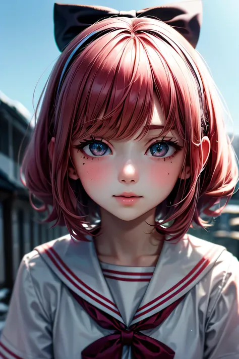 ski style, One girl, alone, Pink Hair, black eye, wing, View your viewers, Mole, bangs, short hair, bow, Sailor collar, Simple school background, white Sailor collar, Mole under mouth, hair bow, pink bow, Mouth closed, shirt, white shirt, Bobcut, Portraitu...