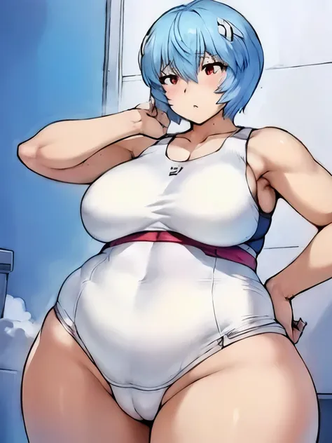 Rei Ayanami,A  wearing a tight white sports bra, Small Bust, curve美, Light blue hair,Red eyes,Muscular!!,short hair,She has small breasts!!!!,Blushed,Troubled expression,steam,Sweat,Steam coming from the body,腕を上げてUnderarmを見せます,Underarm,Wearing a large whi...