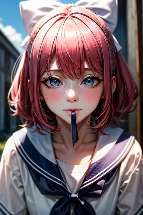 ski style, One girl, alone, Pink Hair, black eye, wing, View your viewers, Mole, bangs, short hair, bow, Sailor collar, Simple school background, white Sailor collar, Mole under mouth, hair bow, pink bow, Mouth closed, shirt, white shirt, Bobcut, Portraitu...