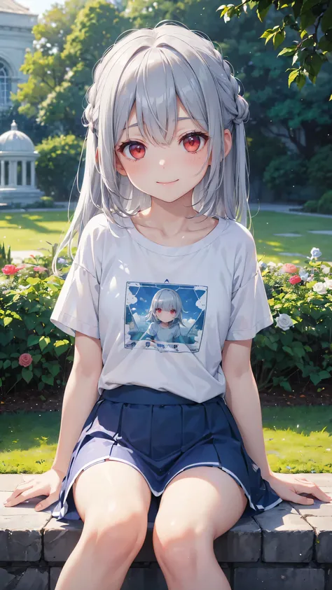 Very cute girl、(Im 8 years old)、Gray Hair、Shortcuts、Bangs too close to the eyes、bright red eyes、(Normal Human Ear)、Thin arms、Beautiful body、Thin legs、Flat Chest、Translucent white skin、smile、(T-shirt skirt、White and blue).(Rose Garden)、Playing innocently、Ul...