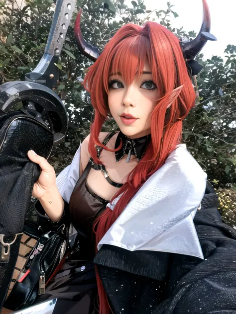 with red hair and horns、there is a woman carrying a bag, anime girl cosplay, anime cosplay, cosplay, rias gremory, cosplayer, co...