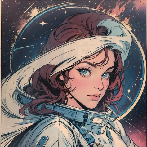 ultimate best quality,beautiful woman,speech bubble,big brest,galaxy,60s,70s,80s,colorful,cosmo,space,