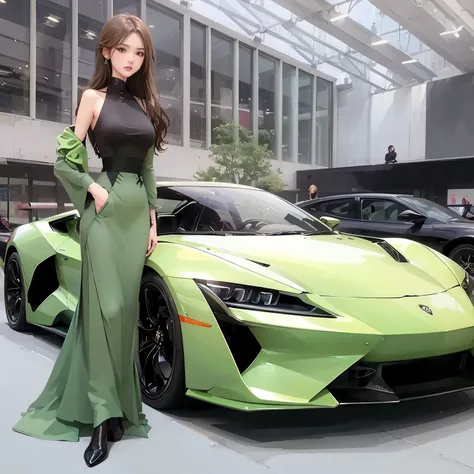 arafed woman in a green dress standing next to a green sports car, miura kentaro style, digital art of an elegant, bold lamborghini style, sportscar, inspired by Kentaro Miura, g liulian art style, gta chinatowon art style, made with anime painter studio, ...