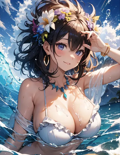 High Detail、Tabletop、Awesome portrayal、vivid、Absurd, High resolution, The most beautiful woman, (upon:1.2), Cowboy Shot, (tsunami:1.4),Bright underwear, ((Very large breasts:1.5)),Frills, Big earrings, Gorgeous Necklace, Gorgeous bracelets, (Floating water...