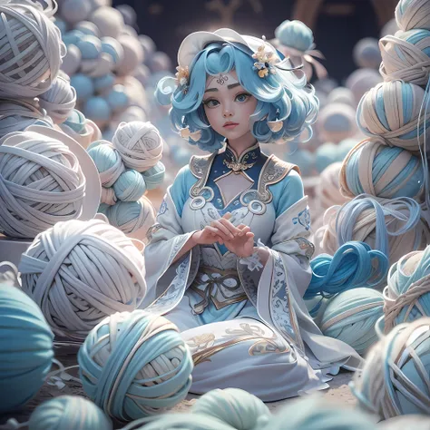 balaco wind in italy，taoist fairy，huangshan people，exquisite hair，arm carving，white-blue hair all over the body，delicate gradien...