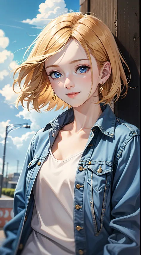 1girl, solo, android 18, blonde hair, blue eyes, short hair, jewelry, earrings, smile, jacket, looking to the side, denim, denim jacket, upper body, shirt, black shirt, closed mouth, cloud, sky, day, looking away, blue sky, collarbone,