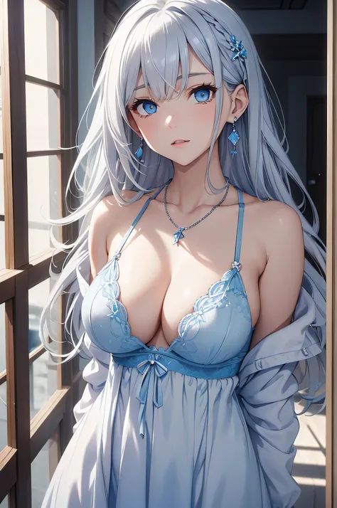 beautiful girl, Gray Hair, blue eyes, White and light blue underwear, Big Tits、Blue Necklace、Blue earrings、A white dress with a hint of bra、