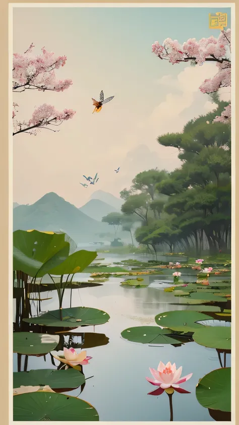 there is a poster with a picture of a lotus and dragonflies, a poster inspired by Cui Bai, devianart contest winners, The art of math, Ghost Festival, poster illustration, art cover, poster, Wang Chen, Chinese watercolor style, illustrated poster, lotus po...