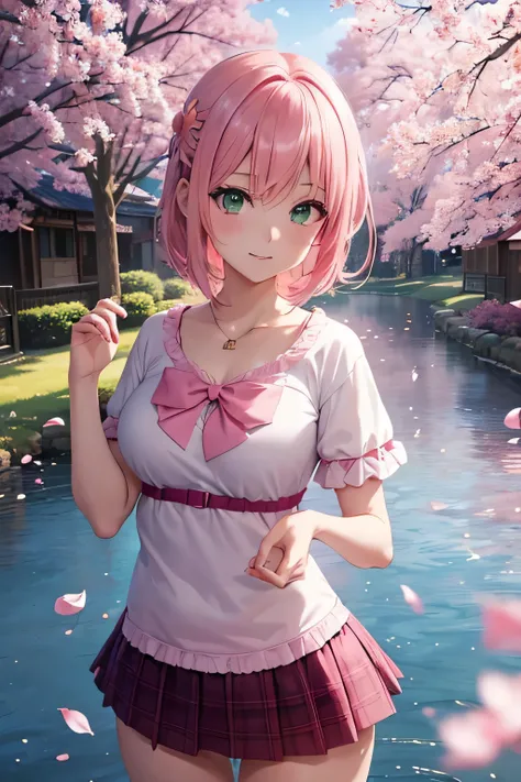 anime girl with pink hair and green eyes posing for a picture, haruno sakura, best anime 4k konachan wallpaper, seductive anime girl, marin kitagawa fanart, sakura petals around her, splash art anime , anime style 4 k, anime moe artstyle, high quality anim...