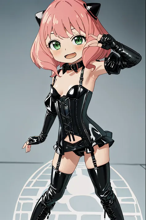 (((chibi)))、(((Lori)))、(((Child body type)))、(((low length)))、(((3 heads)))、BDSM、Queen、mistress、girlが1人、solo、(((Long gloves covered to the fingertips in black latex)))、(((Black latex corset dress:1.4)))、(((The corset dress is decorated with beautiful lace....