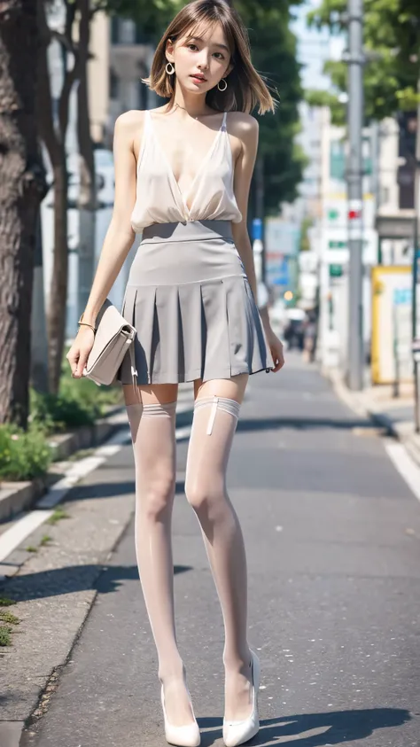 Ultra-clear resolution，Young girl，Shoulder-length hair，Light hair color，Earrings，Clear eyes，No makeup，Lip Gloss，Delicate face，Perfect face，Fair skin，Perfect breasts，Long and slender legs，Pantyhose，Grey Business Mini Skirt，shoe，Empty streets