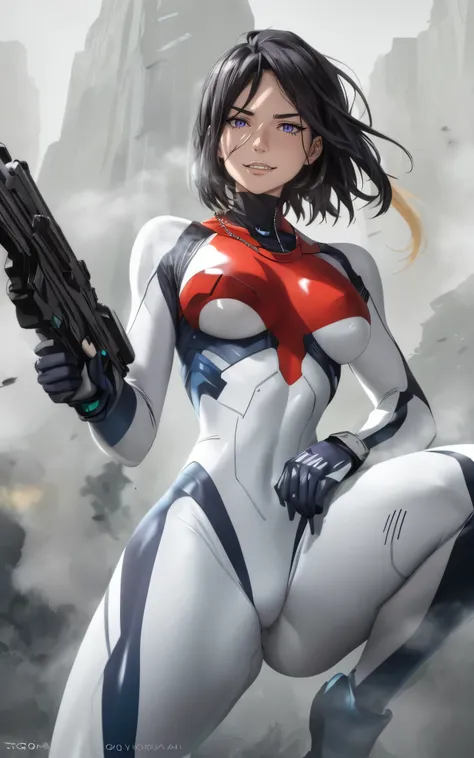 izumi_nase, short hair, black hair, purple eyes, jewelry, necklace, anatomically correct, heavy breathing, mature female, weapon, solo, realistic, lips, breasts, bodysuit, gun, zero_suit, looking_at_viewer, skin_tight, large_breasts, "Vector art, Vivid col...