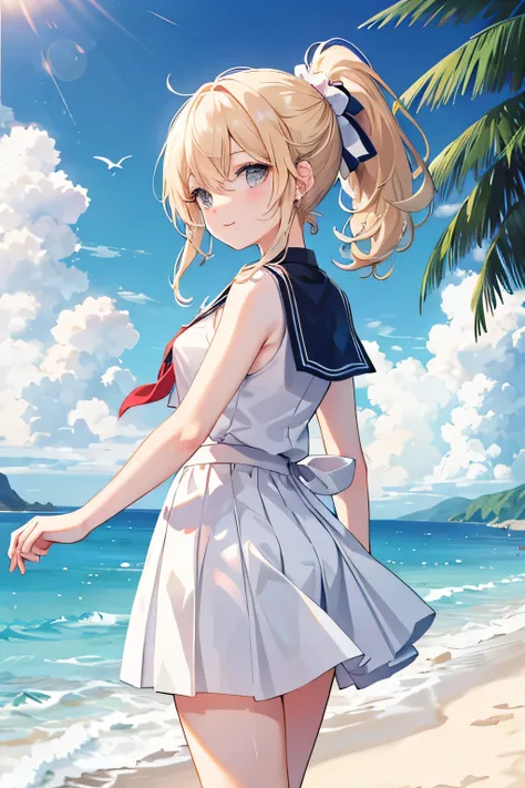 ((highest quality)), ((masterpiece)), (detailed), Perfect Face、Walking along the beach、look back、blonde、ponytail、Earrings、Sailor suit、skirt、Looks happy、Number of arms、