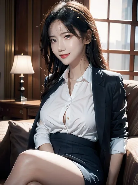 best quality, masterpiece, ultra high res, (photorealistic:1.4), RAW photo ,night office ,side view, sit in a sofa, crossed legs, light smile, big breasts, office lady, business suit, darkblue skirt, white shirt, with open chest,  red lace bra,