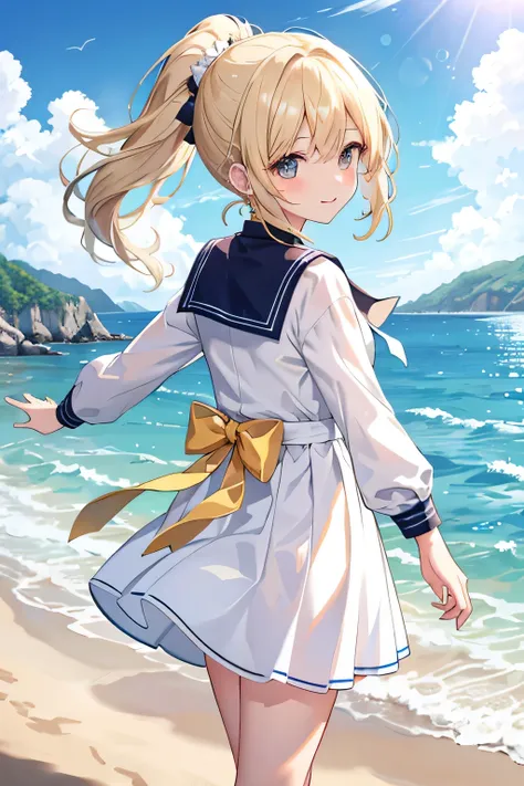 ((highest quality)), ((masterpiece)), (detailed), Perfect Face、Walking along the beach、look back、blonde、ponytail、Smooth Hair、Earrings、Sailor suit、skirt、Looks happy、Number of arms、