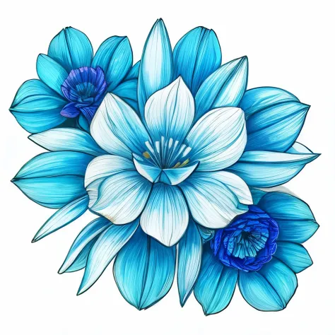 sketch. Tatu. on a white background. Three flowers with narrow leaves. Flowers with two levels. Flower petals at the tips are flat and uneven. The flower in the middle is larger than the others. Blue and light blue flowers. 