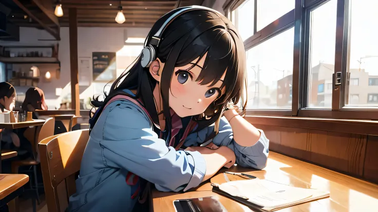 A girl studying in a cafe with headphones on