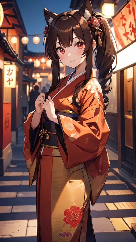 One girl, Twin-tailed brown hair, Red eyes, wear Kimono, Temple, Absurd, High resolution, Super sharp, 8k, masterpiece, View your viewers