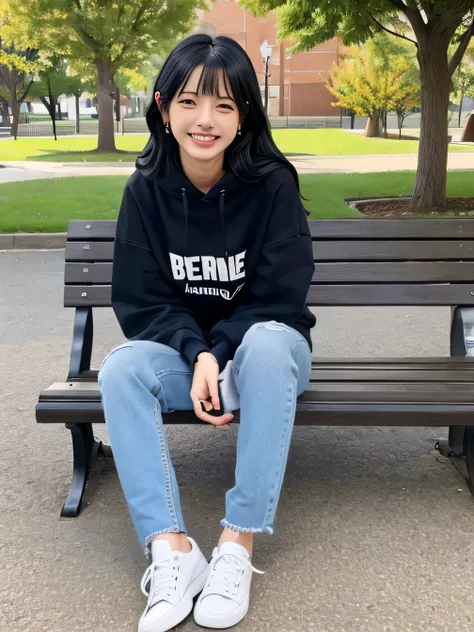 highest quality)), ((masterpiece)), (Get used to it), Perfect Face、((highest quality)), A neat and beautiful woman sitting on a park bench、Ear piercing、hoodie、Skinny jeans、sneakers、Black Hair、Smiling with teeth showing、Full body photo、Ear piercing informat...