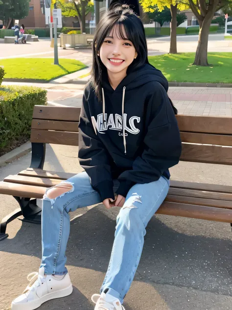 highest quality)), ((masterpiece)), (Get used to it), Perfect Face、((highest quality)), A neat and beautiful woman sitting on a park bench、Ear piercing、hoodie、Skinny jeans、sneakers、Black Hair、Smiling with teeth showing、Full body photo、Ear piercing informat...