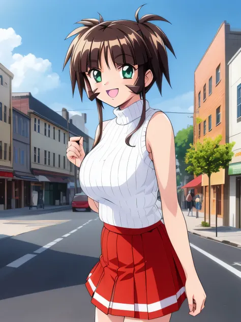 「Akane Ichimonji」, One girl, alone, skirt, Mini skirt, Day, In town, Open your mouth, smile, Sleeveless_sweater,masterpiece, expensive quality, very_expensive_solve, big_file size, Full Color,