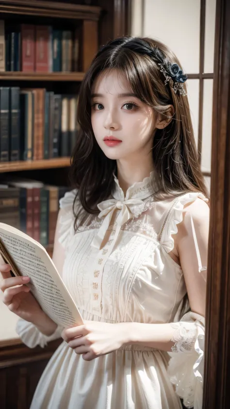 À la Fed image of a girl in a white lace dress and Leonardo da Vinci&#39;s notebooks in the background, Stunning young ethereal characters, Portrait of a magical girl, Portrait of a young witch girl, Girl wearing steampunk clothes, Musician girl in lace dr...