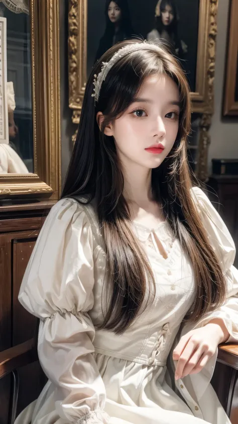 À la Fed image of a girl in a white lace dress and Leonardo da Vinci&#39;s notebooks in the background, Stunning young ethereal characters, Portrait of a magical girl, Portrait of a young witch girl, Girl wearing steampunk clothes, Musician girl in lace dr...