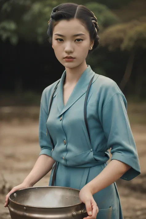 Kioto, 1944. A young ((((24-year-old)) Sayuri)), strikingly beautiful, delicate facial features, porcelain skin, expressive eyes, outdoors, dyeing fabric in a cauldron, ((sad expression)), ((((worker clothings from the 1940s)))), ((hairstyle of the 1940s))...