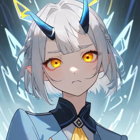 girl、Portraiture、Silver Hair、Yellow Eyes、short hair、Tie the braided hair behind your head、｛Also々funny Face｝、Also々New Eyes、beautiful、transparent、、Two short horns that curve upwards、There is a small horn growing in front、Blue Uniform、Serious expression
