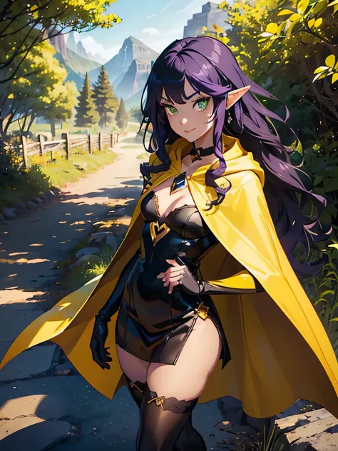 masterpiece, high quality, (1_woman), (full body), (exotic skin_complexion), mature, standing, beautiful, exotic, with long elf ears, ((looking away from the camera)), big smile, ((hands above head)), wearing (((yellow))) hooded cape), hood down, (((yellow...