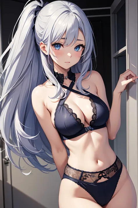 female(Adult female sex), Gray Hair, blue eyes, Light blue underwear and white lace, Big Breasts